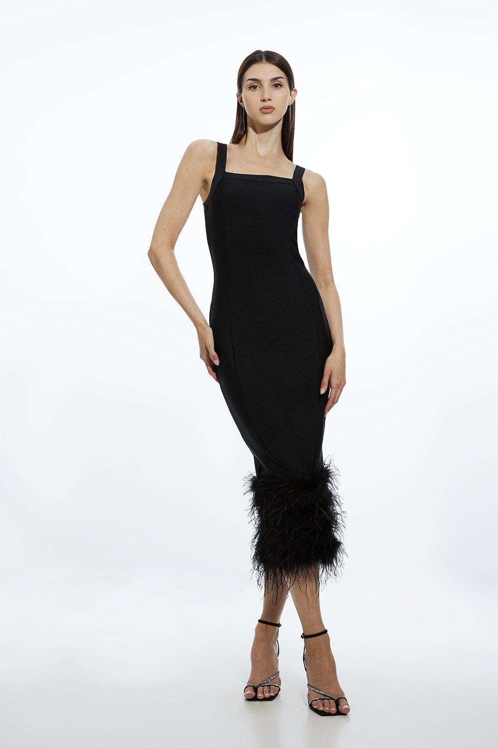 Figure Form Bandage Feather Hem Knit Midi Dress