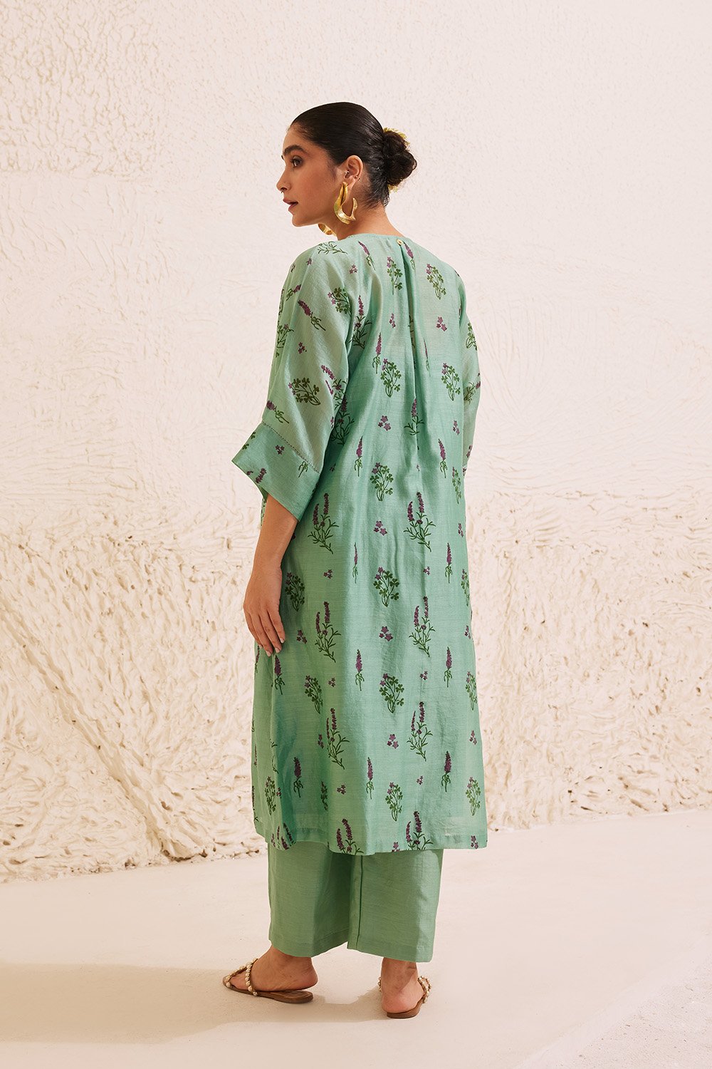 Teal Chanderi Hand Block Floral Kurta Set