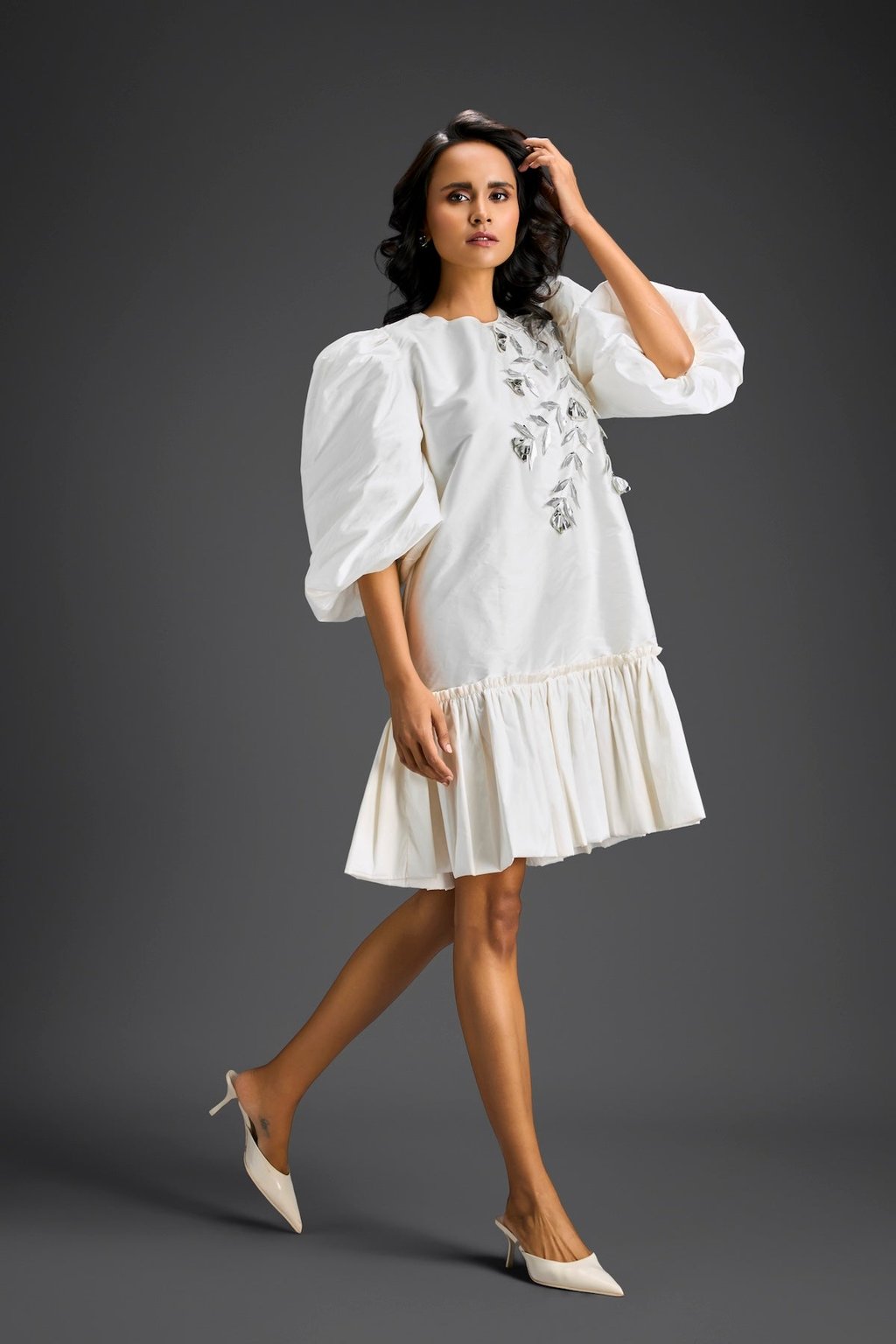 White Puffed Sleeve Cut-Out Embroidered Dress