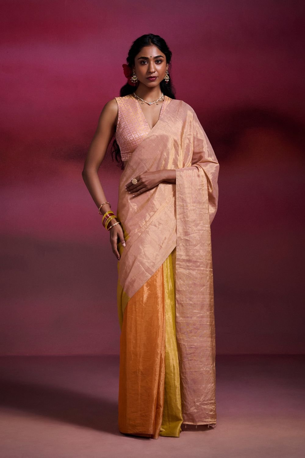 Metallic Peach & Bright Orange-Yellow Tissue Saree