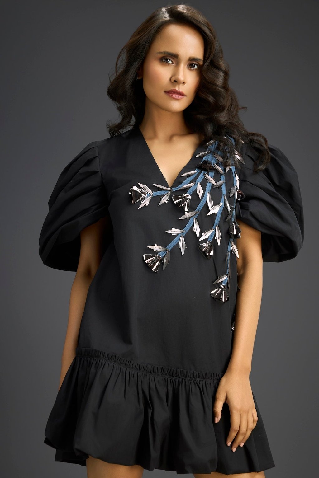Black Ruffle Hem Floral Embroidered Dress
