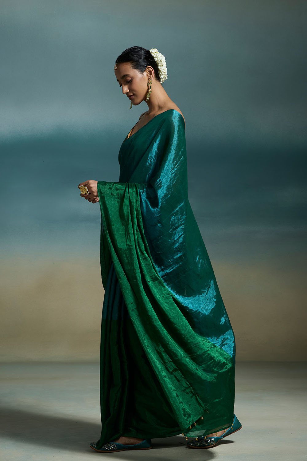 Oorja Handloom Tissue Green & Blue Sarees