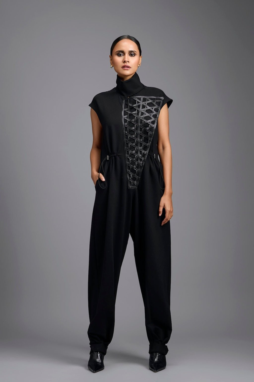 Jumpsuit with Woven Leather Panel