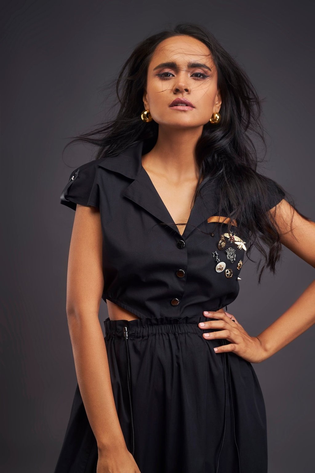 Lapel Collar Long Dress with Side Cutouts Black