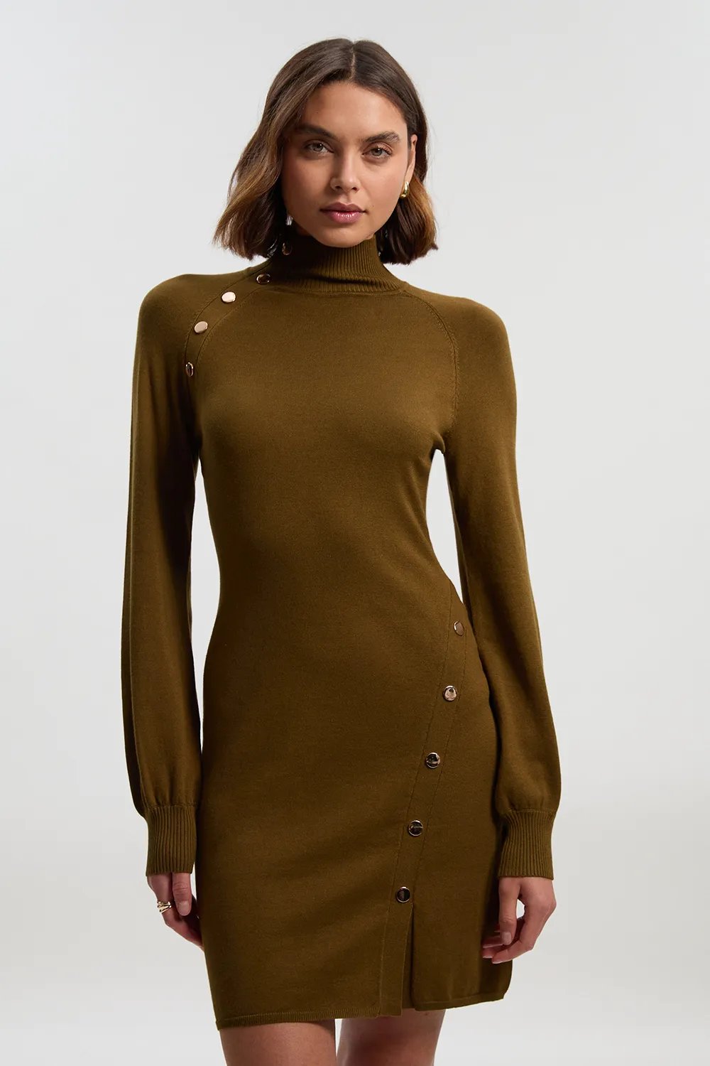 Viscose Blend Popper Detail Knitted Mini Dress