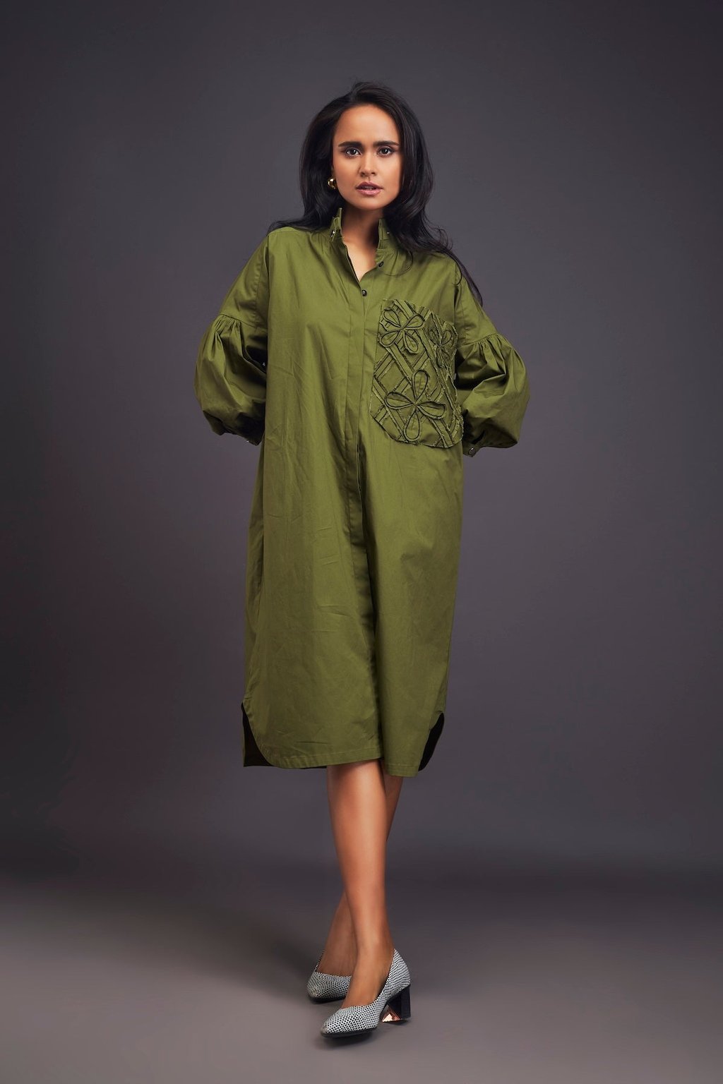 Oversized Shirt Dress with Embroidered Pocket