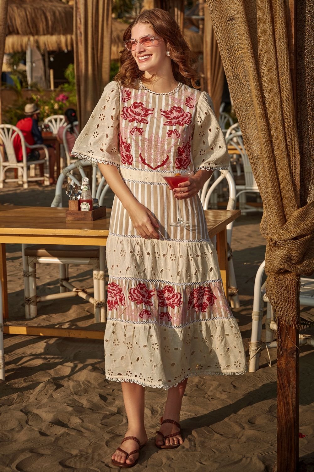 Amber Floral Embroidered and Broderie Midi Dress