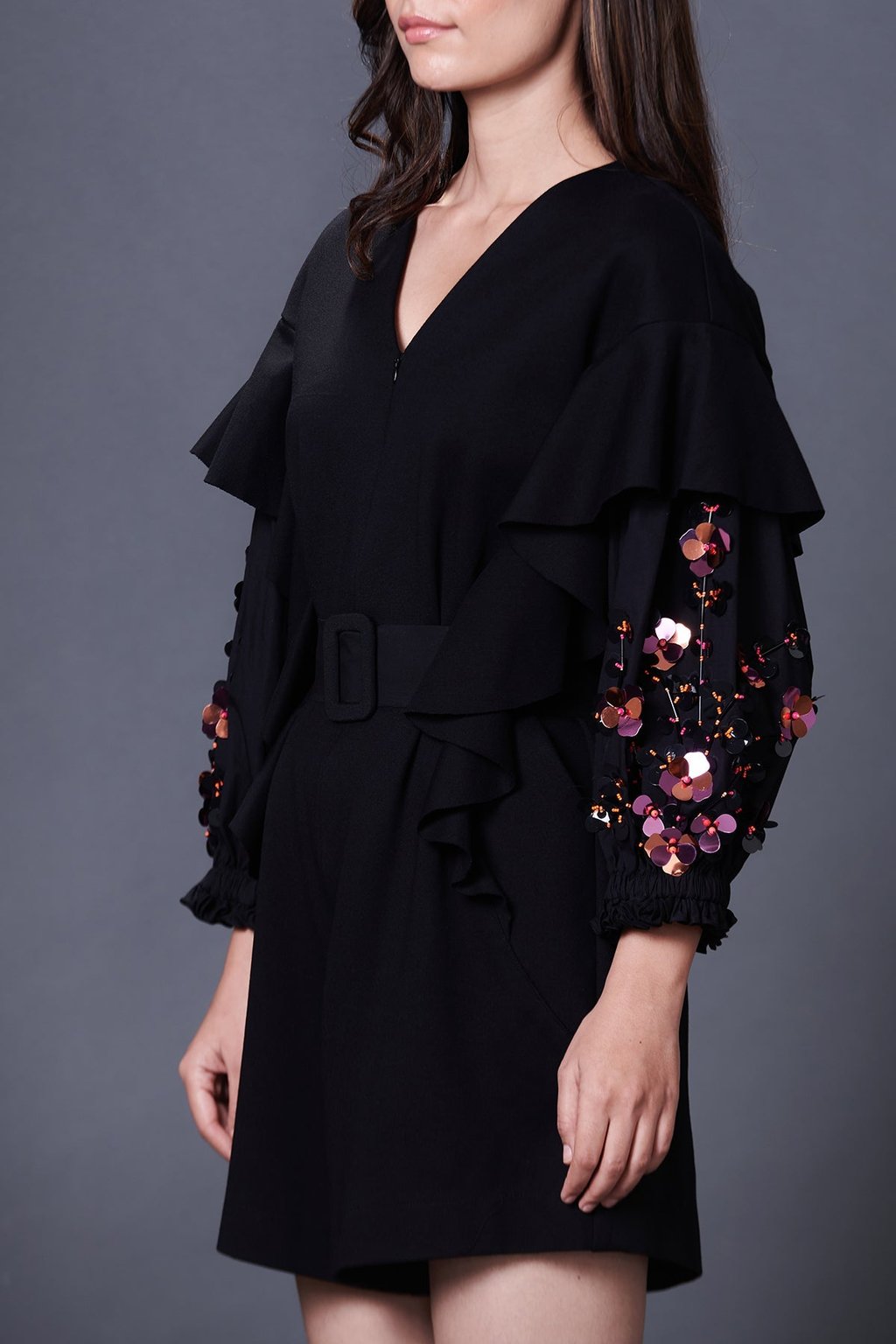 Black Playsuit with Hand Embroidered Sleeve & Belt