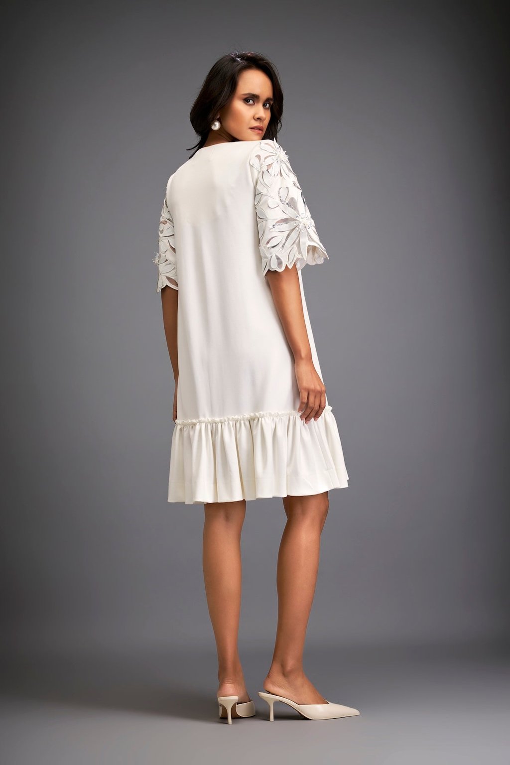V-Neck Dress With Leaf-Patterned Sleeves