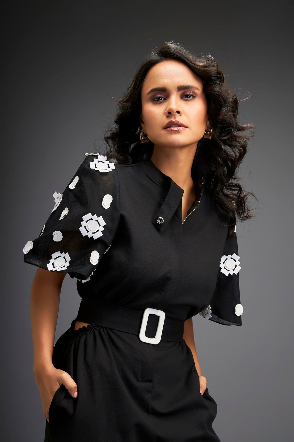 Black Embroidered Sleeves Jumpsuit with Belt