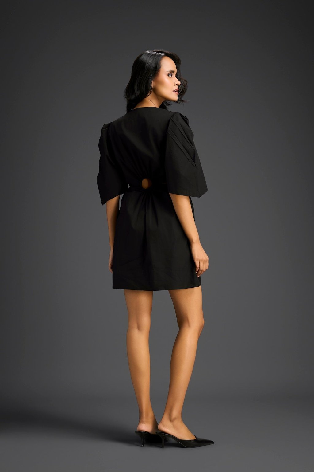Black Puff Sleeves V-Neck 3d Embellished Dress