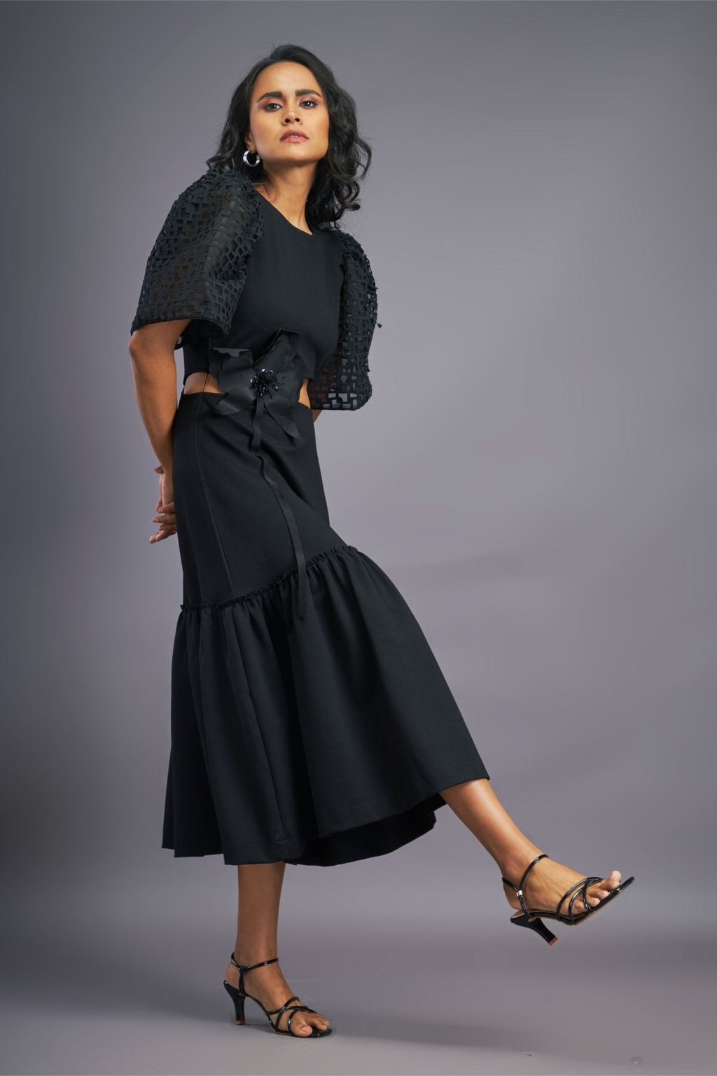 Cutout Ruffle Dress with Cutwork Sleeves