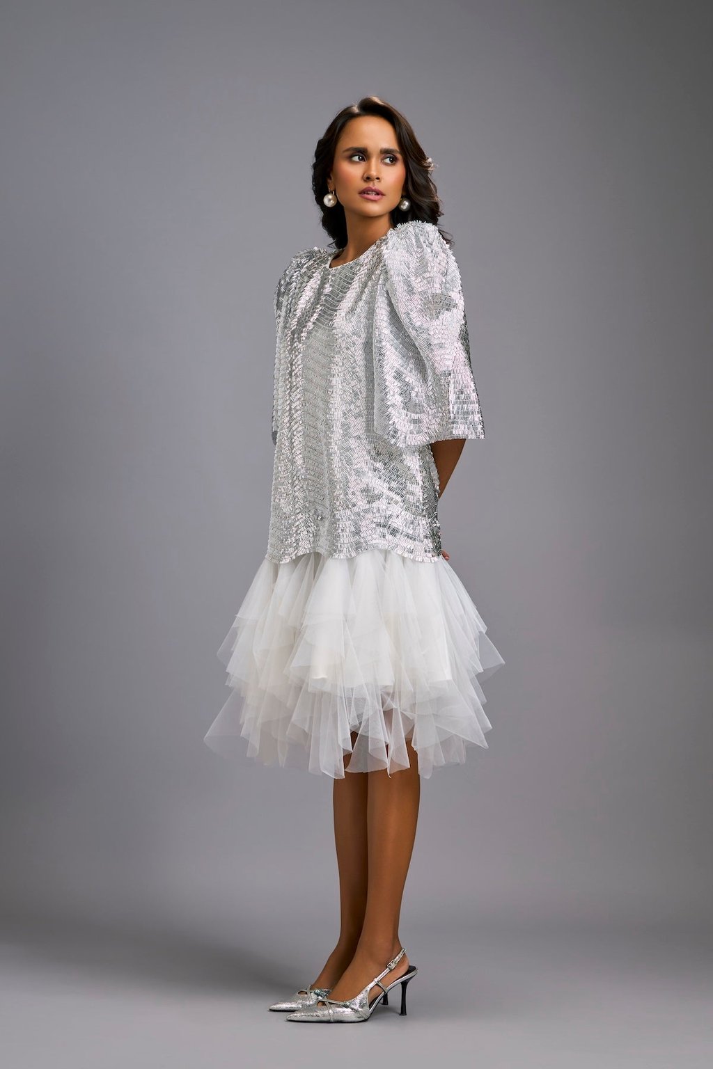 White Shimmer Dress with Puff Sleeves & Tulle Hem