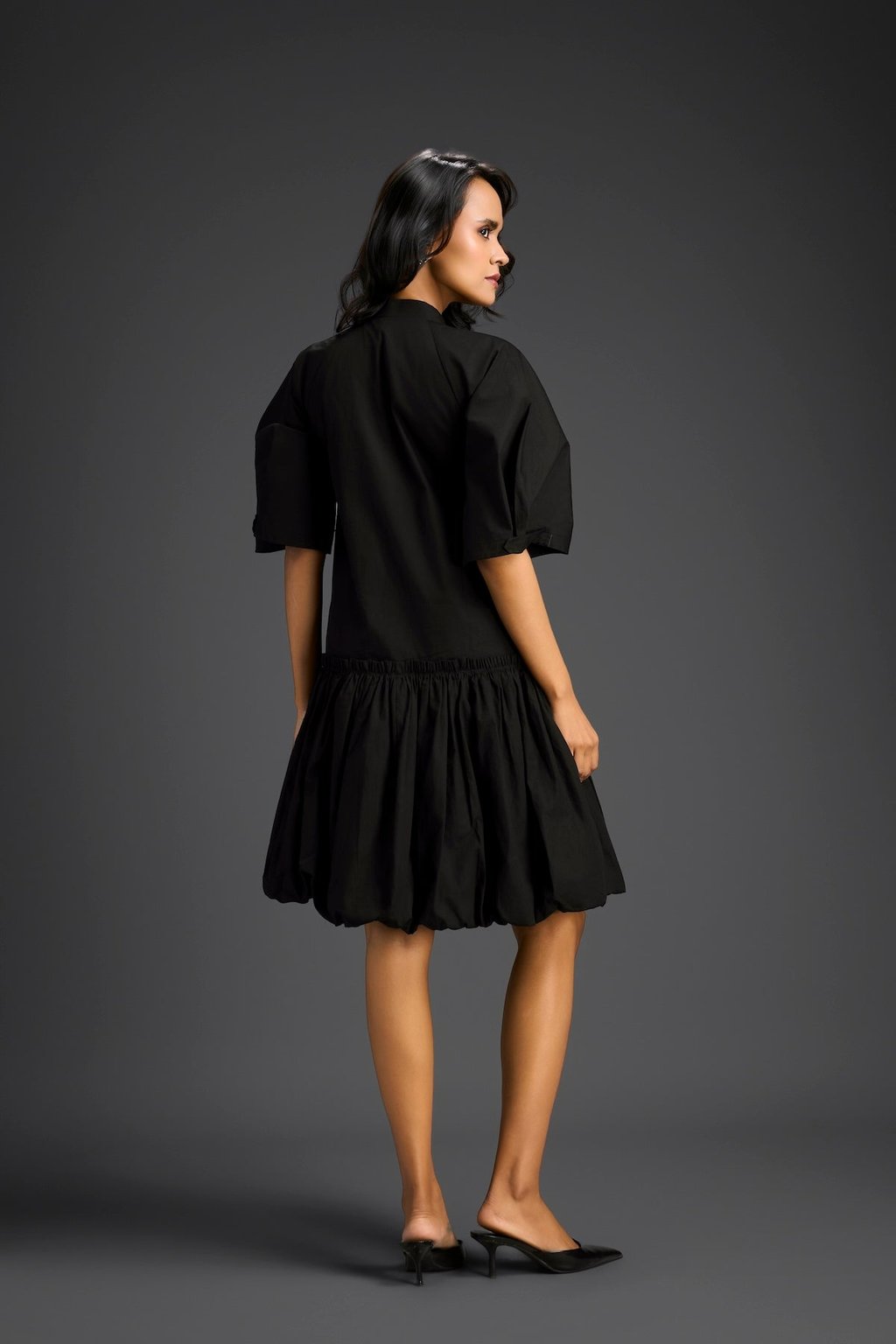 Black 3d Floral Embellished Puff Sleeve Dress