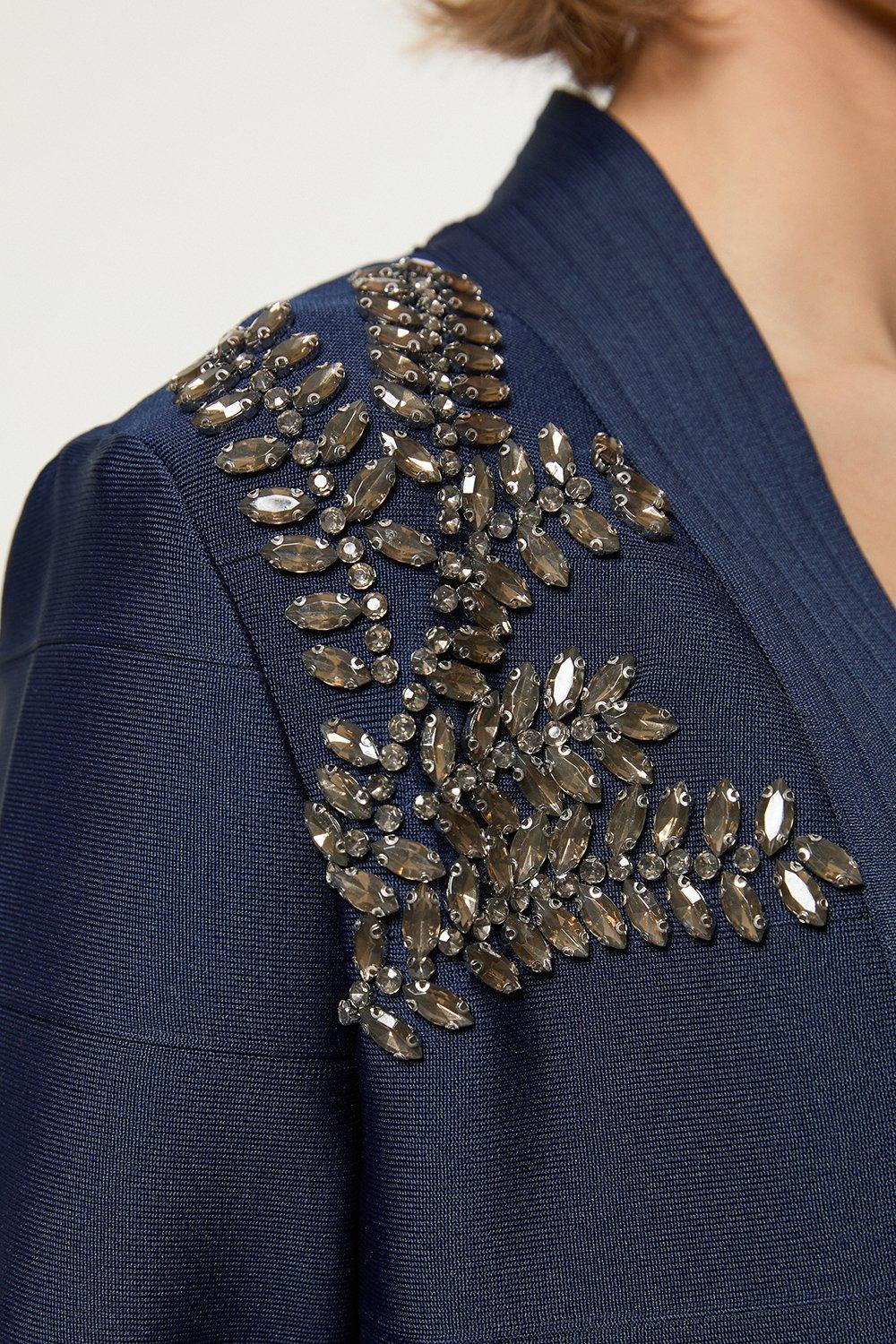 Figure Form Bandage Embellished Feather Cuff Crop Knit Jacket