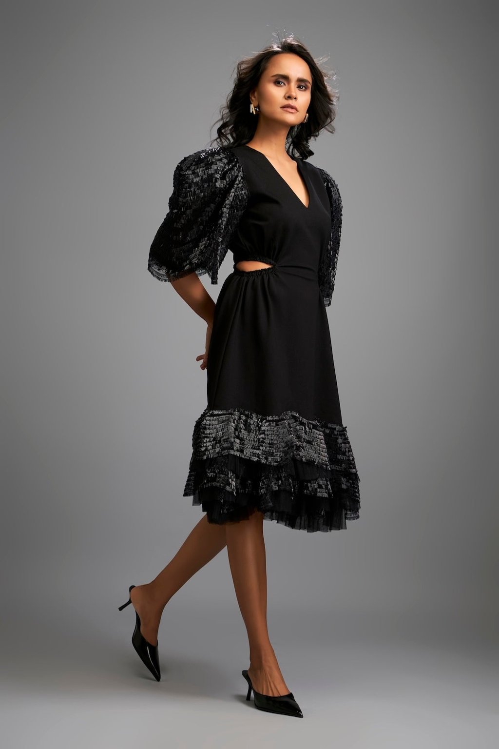 Black Midi Dress Shimmer Sleeves & Tiered Skirt