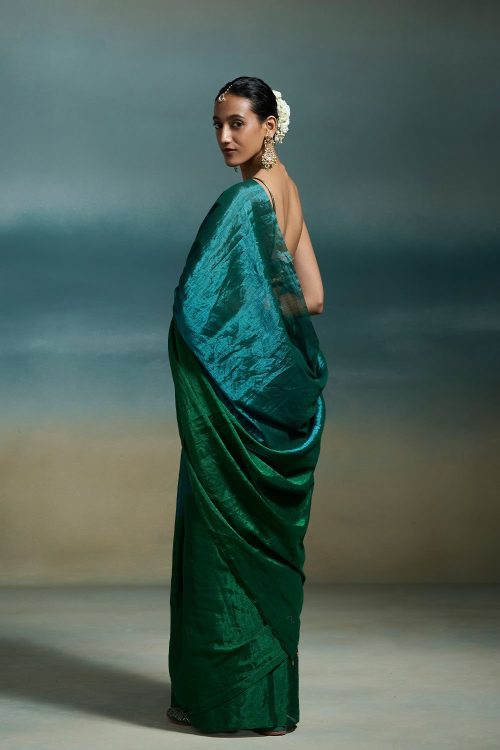 Oorja Handloom Tissue Green & Blue Sarees