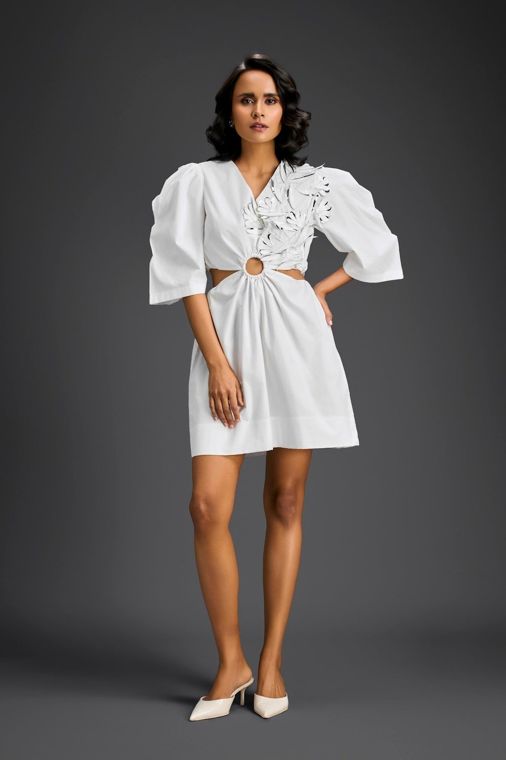 White Puff Sleeves V-Neck 3d Embellished Dress