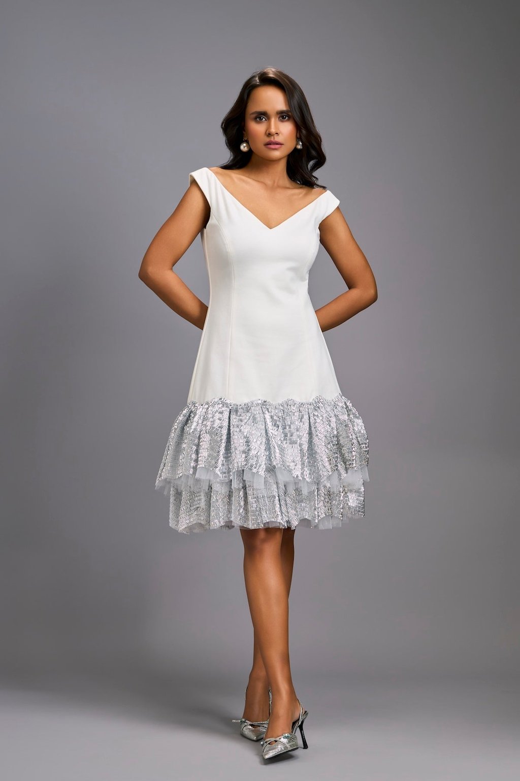 Off-Shoulder White Dress with Shimmer Ruffles