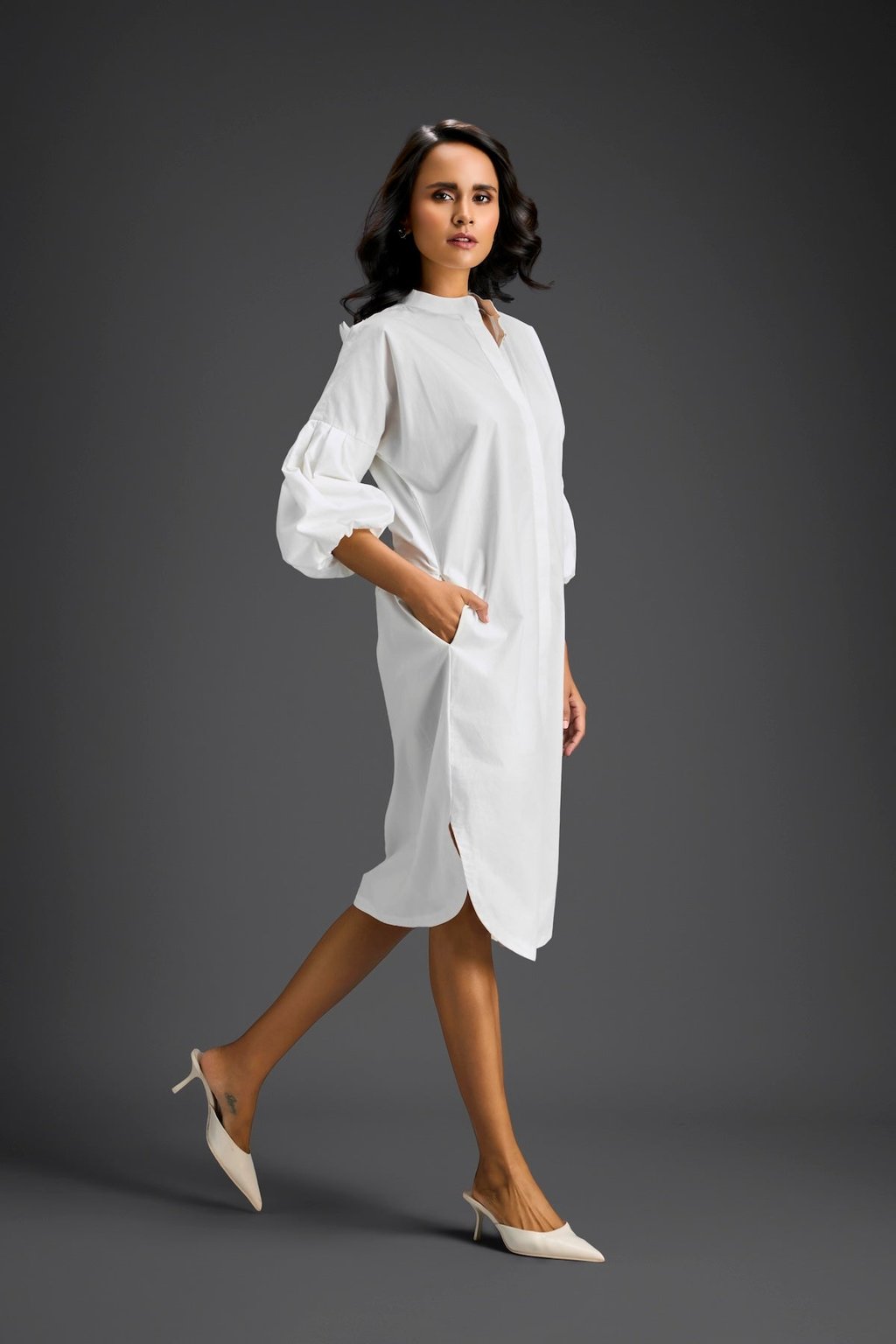 White Puffed Sleeve Shirt Dress with Sheer Back