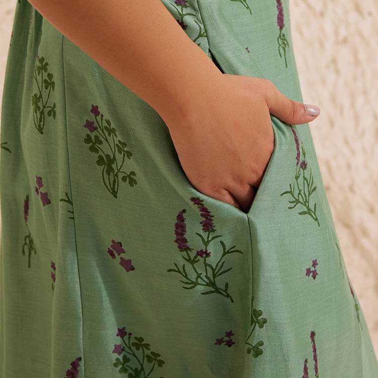 Teal Chanderi Hand Block Floral Dress