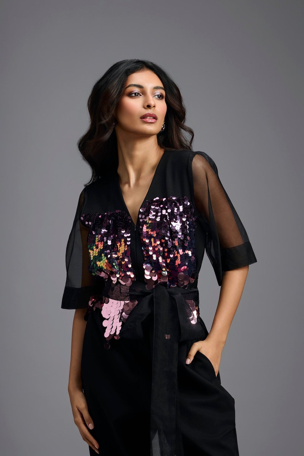 Sequin Jumpsuit with Sheer Sleeves