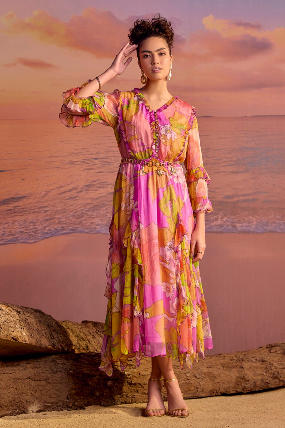Ruffled Printed Midi Dress