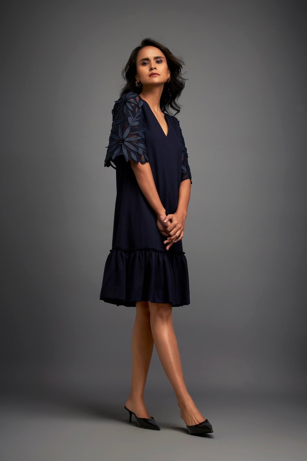 V-Neck Dress With Leaf-Patterned Sleeves
