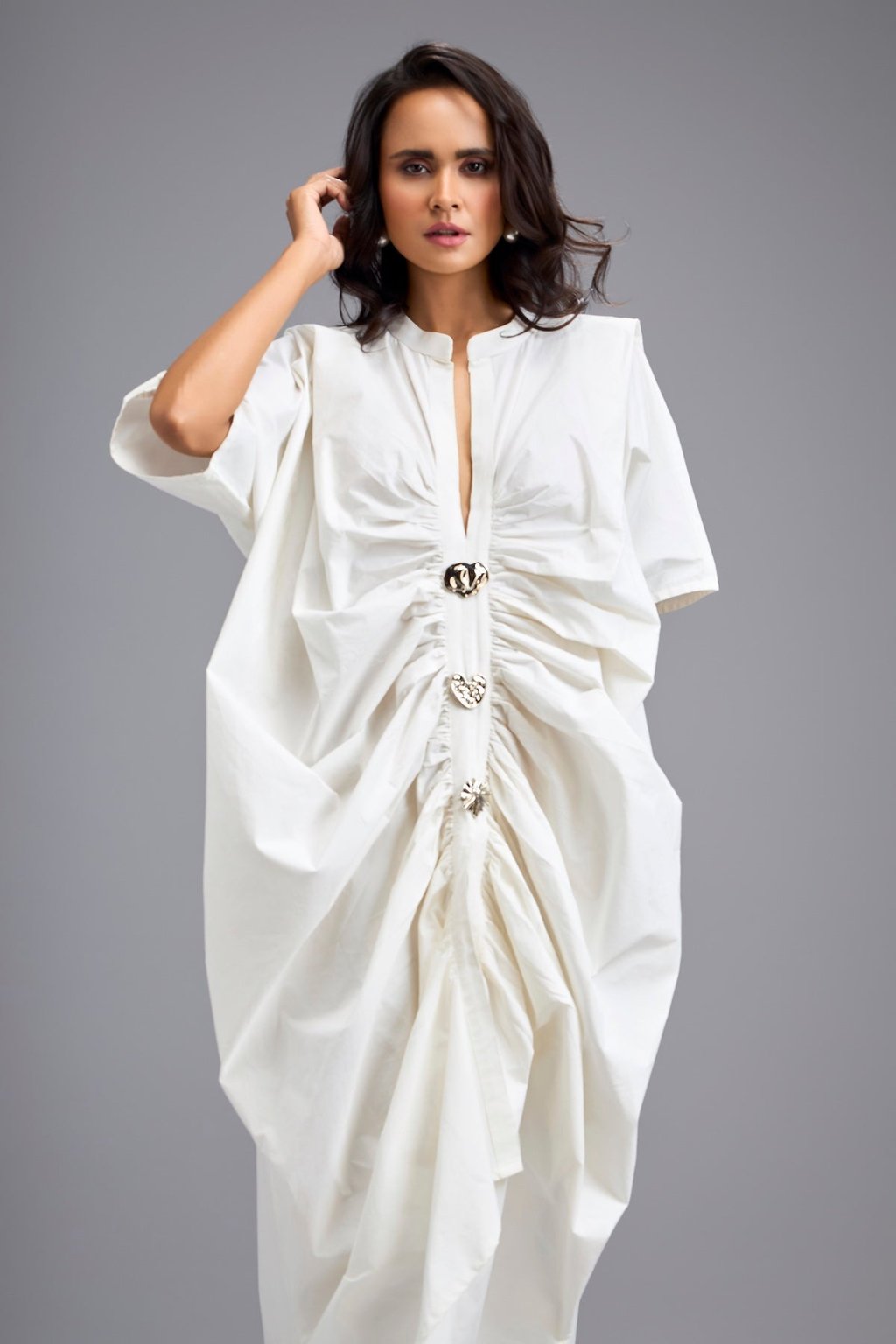 White Draped Kaftan Sleeve Dress with Gold Button
