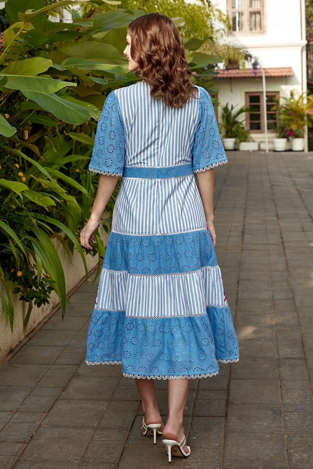 Aqua Floral Embroidered and Broderie Midi Dress