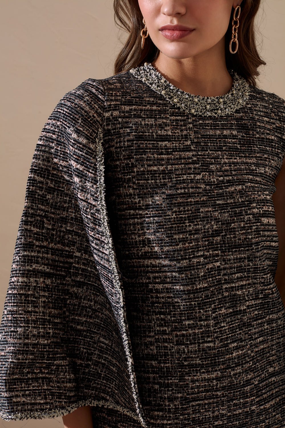 Cape Sleeved Tweed Dress