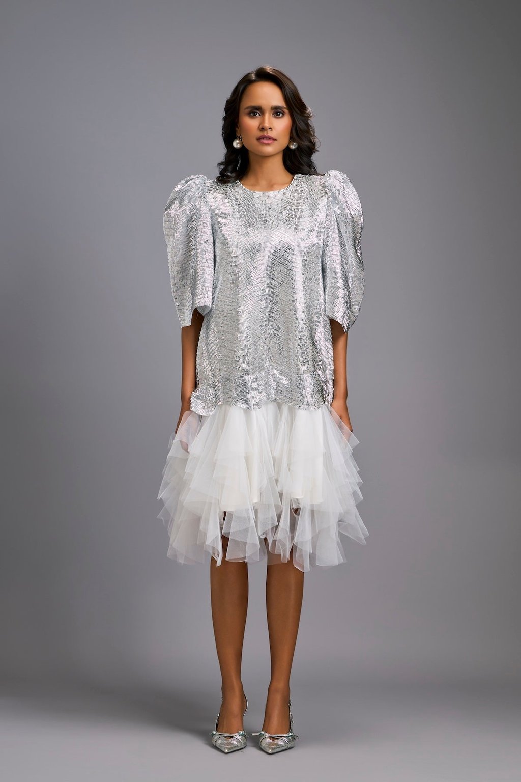 White Shimmer Dress with Puff Sleeves & Tulle Hem
