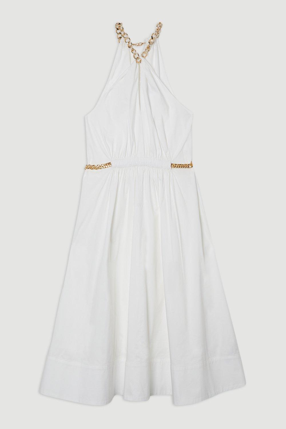 Cotton Poplin Chain Halter Woven Midi Dress