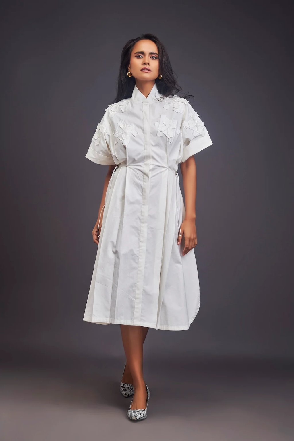 Pleated Oversized Shirt Dress with Patchwork White