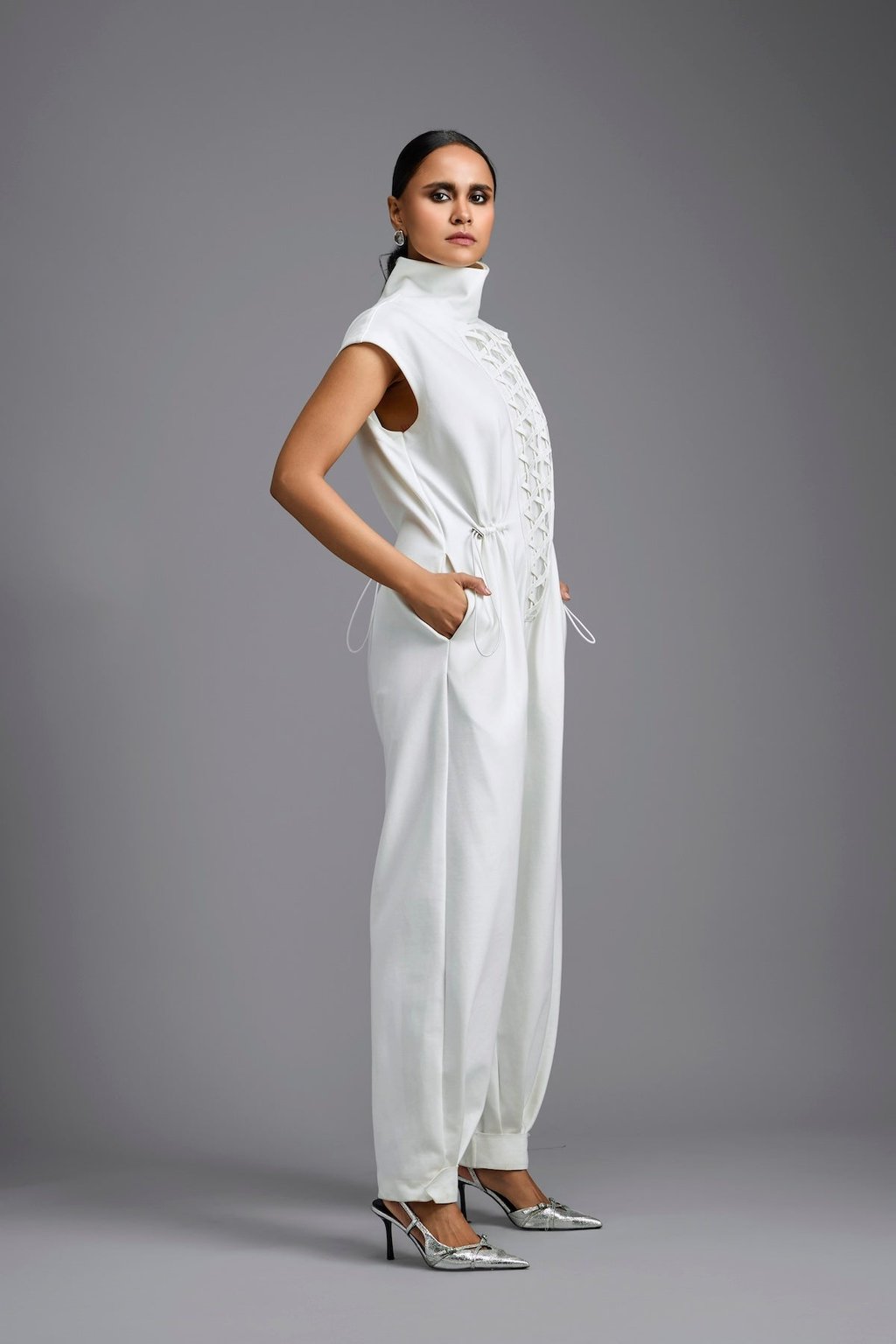 Jumpsuit with Woven Leather Panel