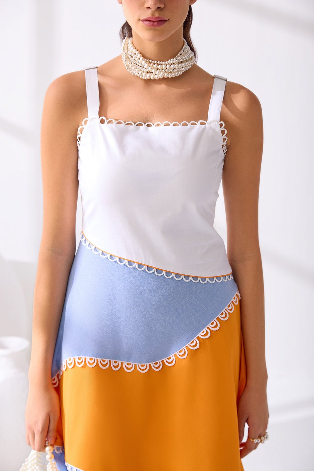 Ralph Midi Dress White, Orange & Blue