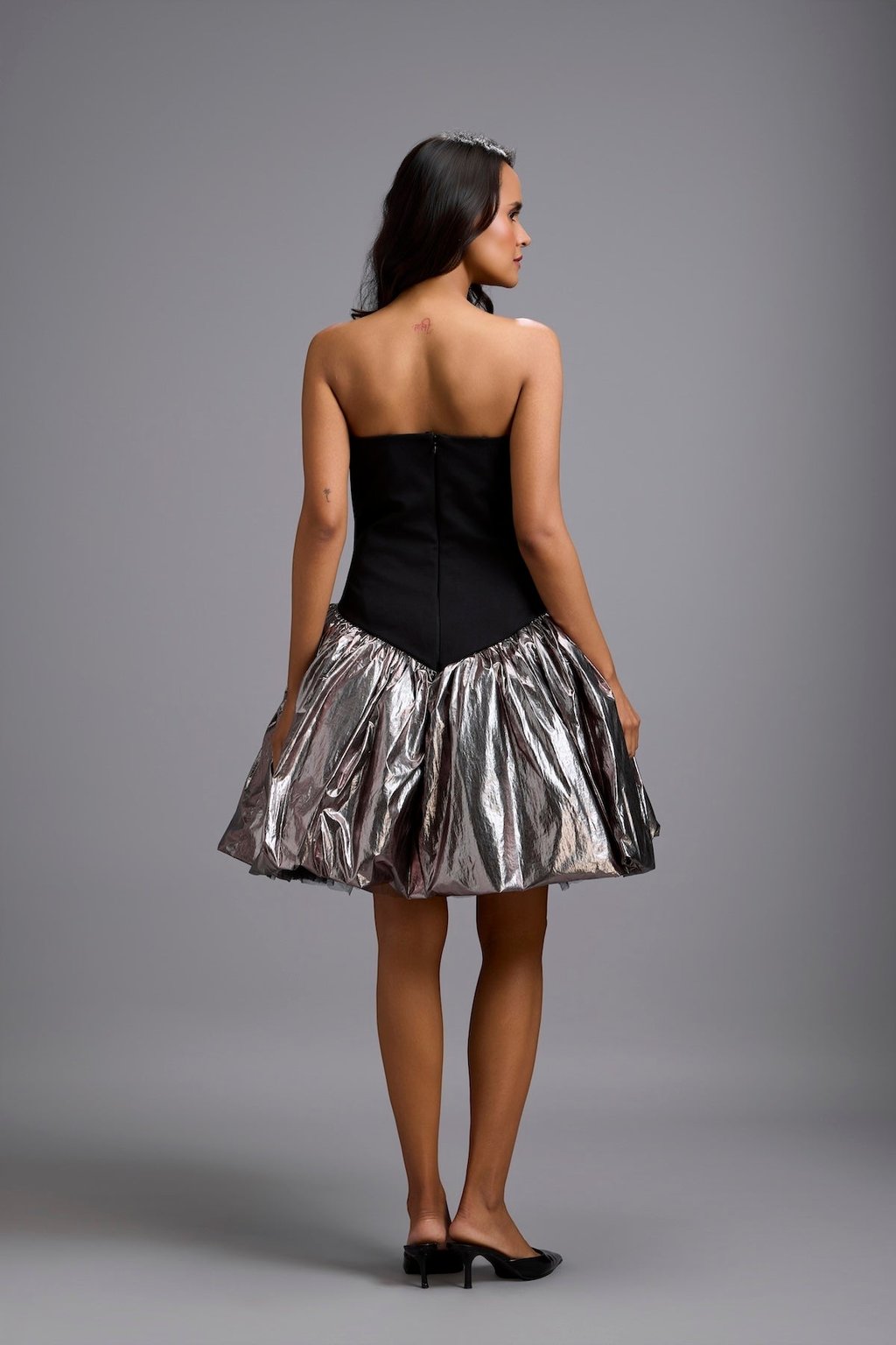 Off-Shoulder Dress with Gunmetal Bubble Hem