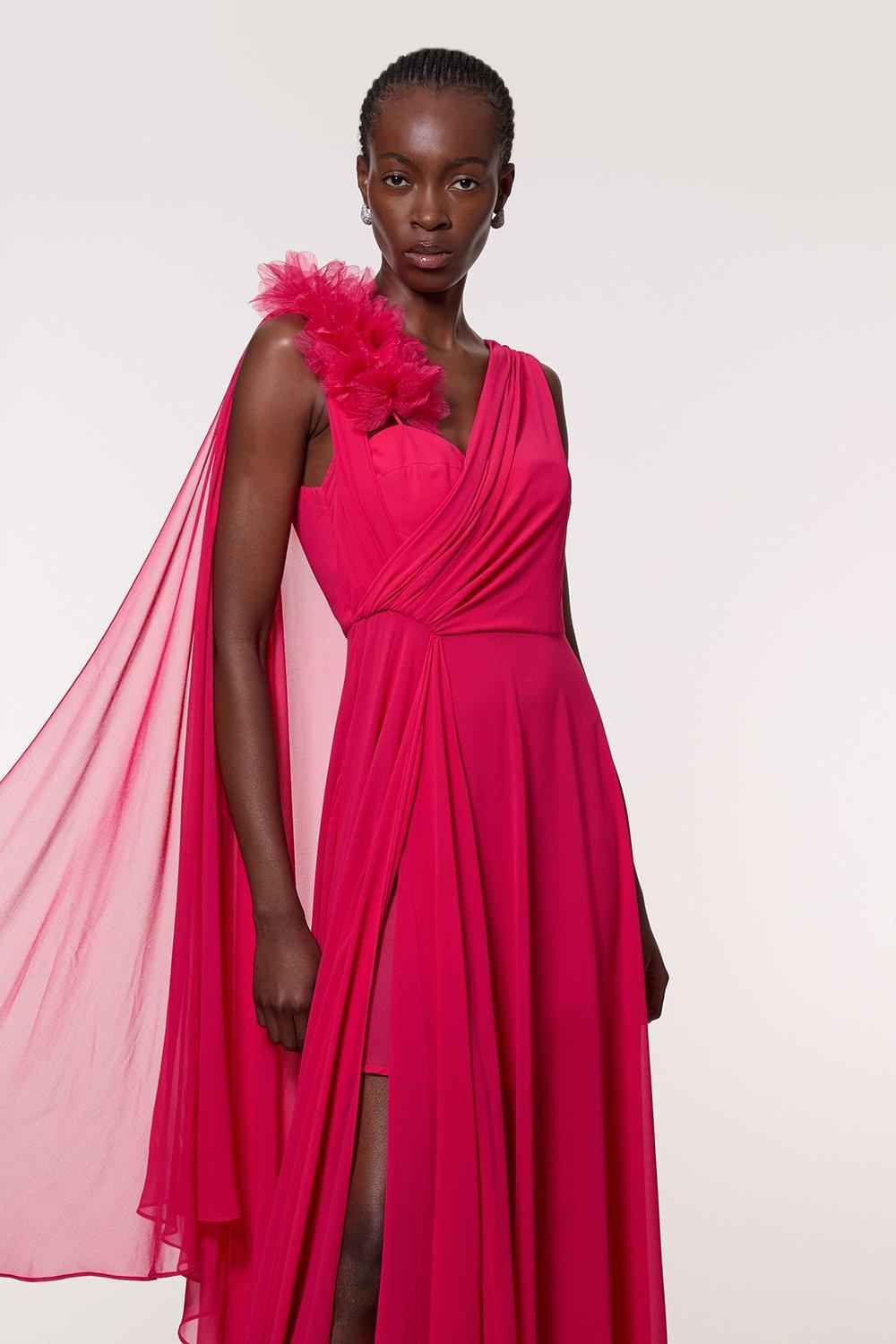 Georgette Pleated Bustier Cape Back Woven Maxi Dress