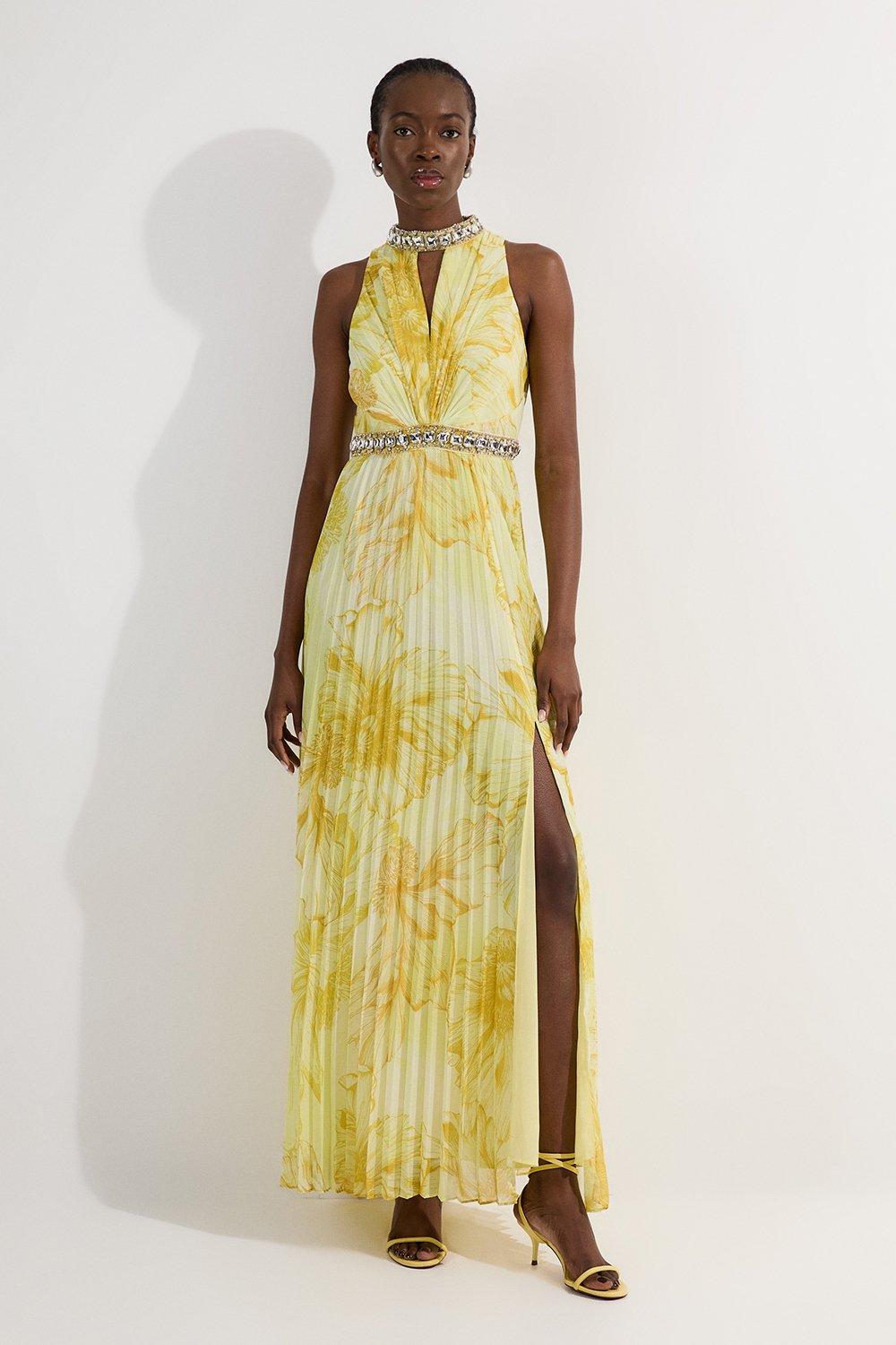 Abstract Floral Crystal Embellished Woven Split Maxi Dress