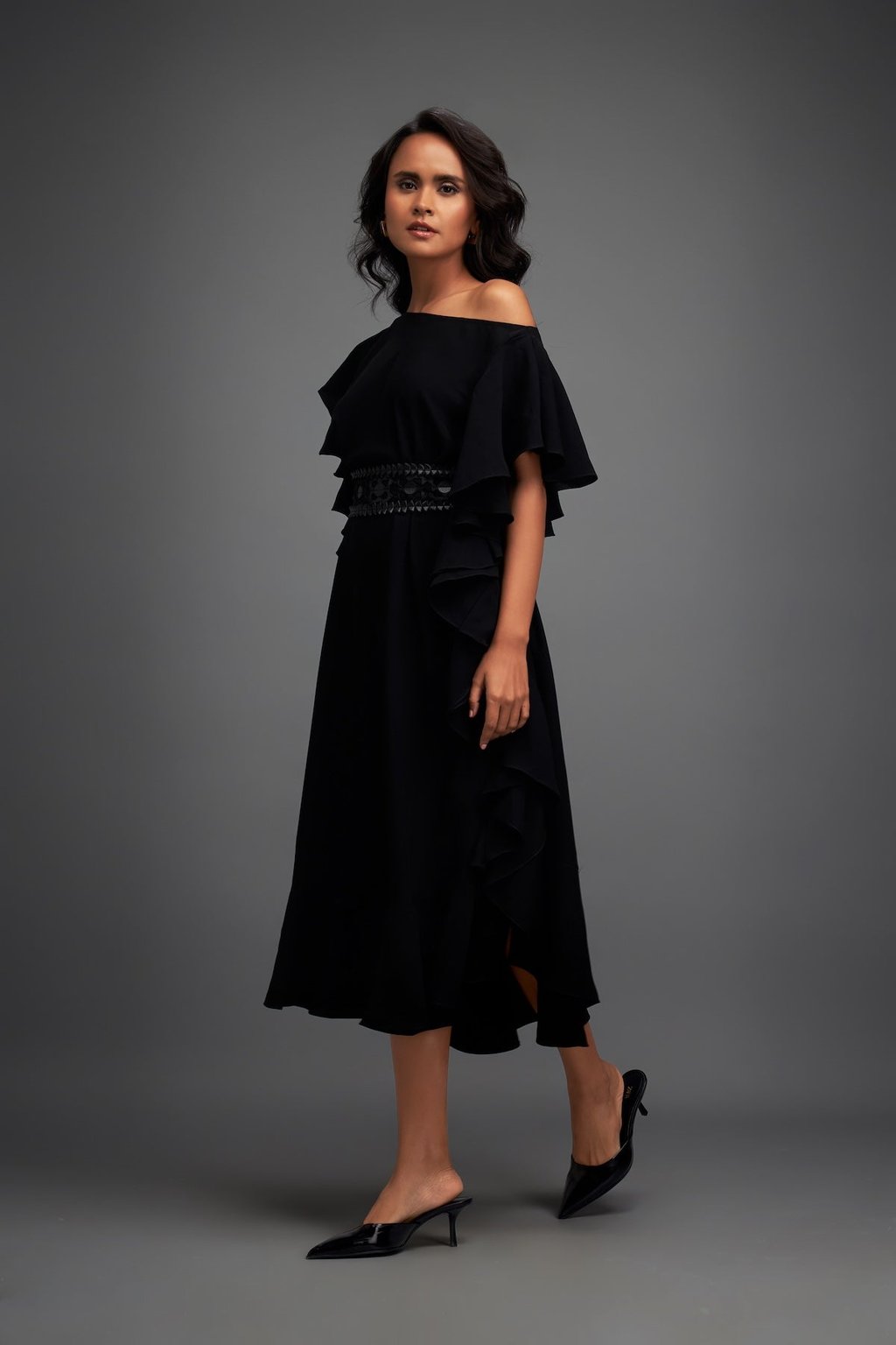 Asymmetrical Off-Shoulder Dress with Textured Belt