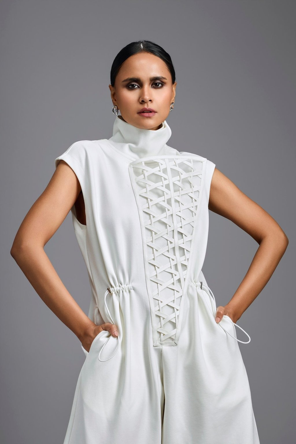 Jumpsuit with Woven Leather Panel