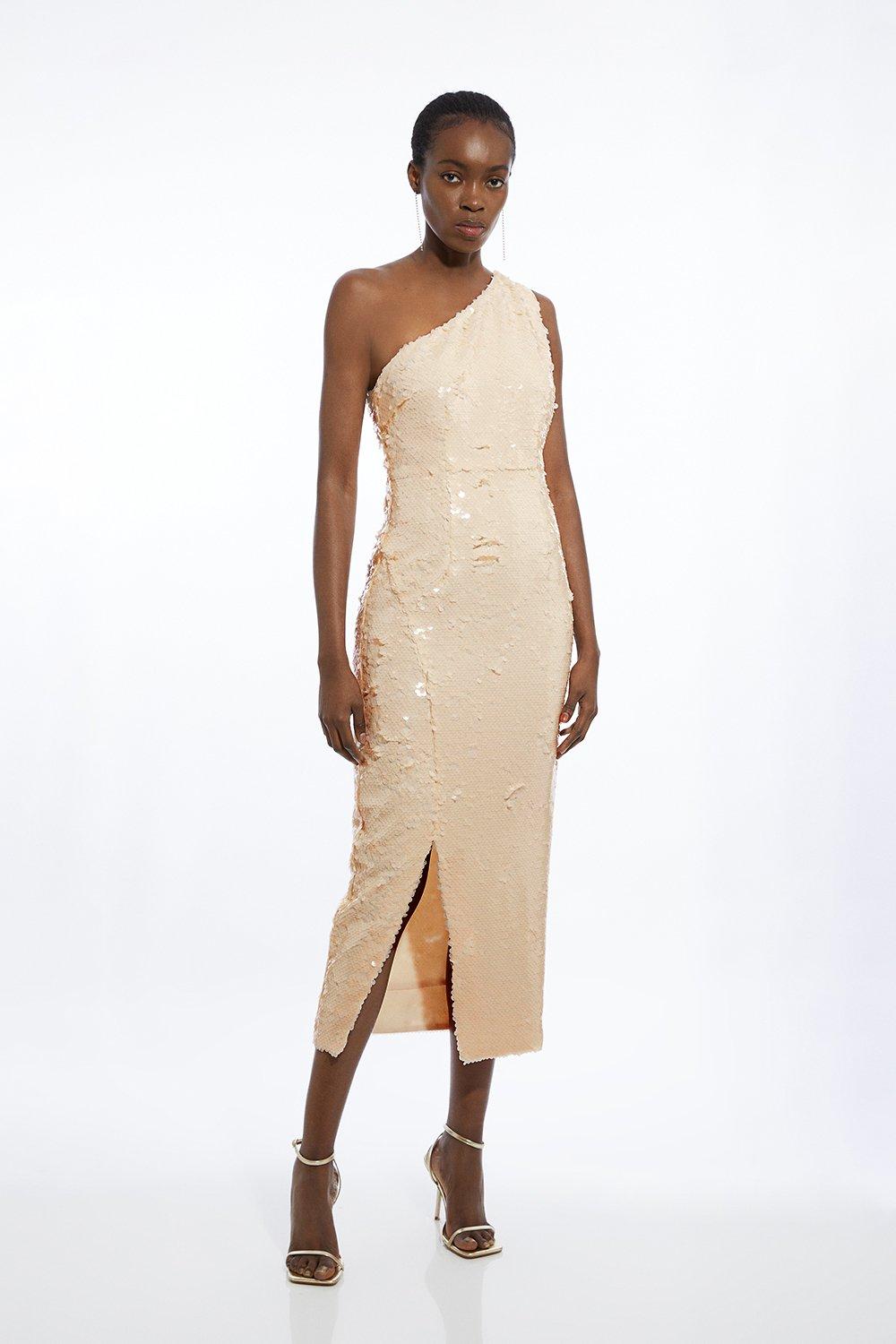 Layered Sequin One Shoulder Woven Split Midi Dress