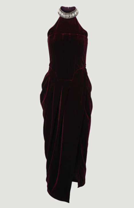 Tailored Velvet Halter Embellished Neck Midi Dress
