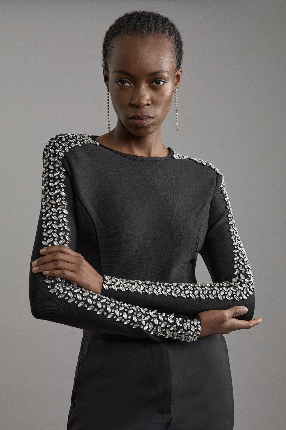 Figure Form Bandage Knit Embellished Top