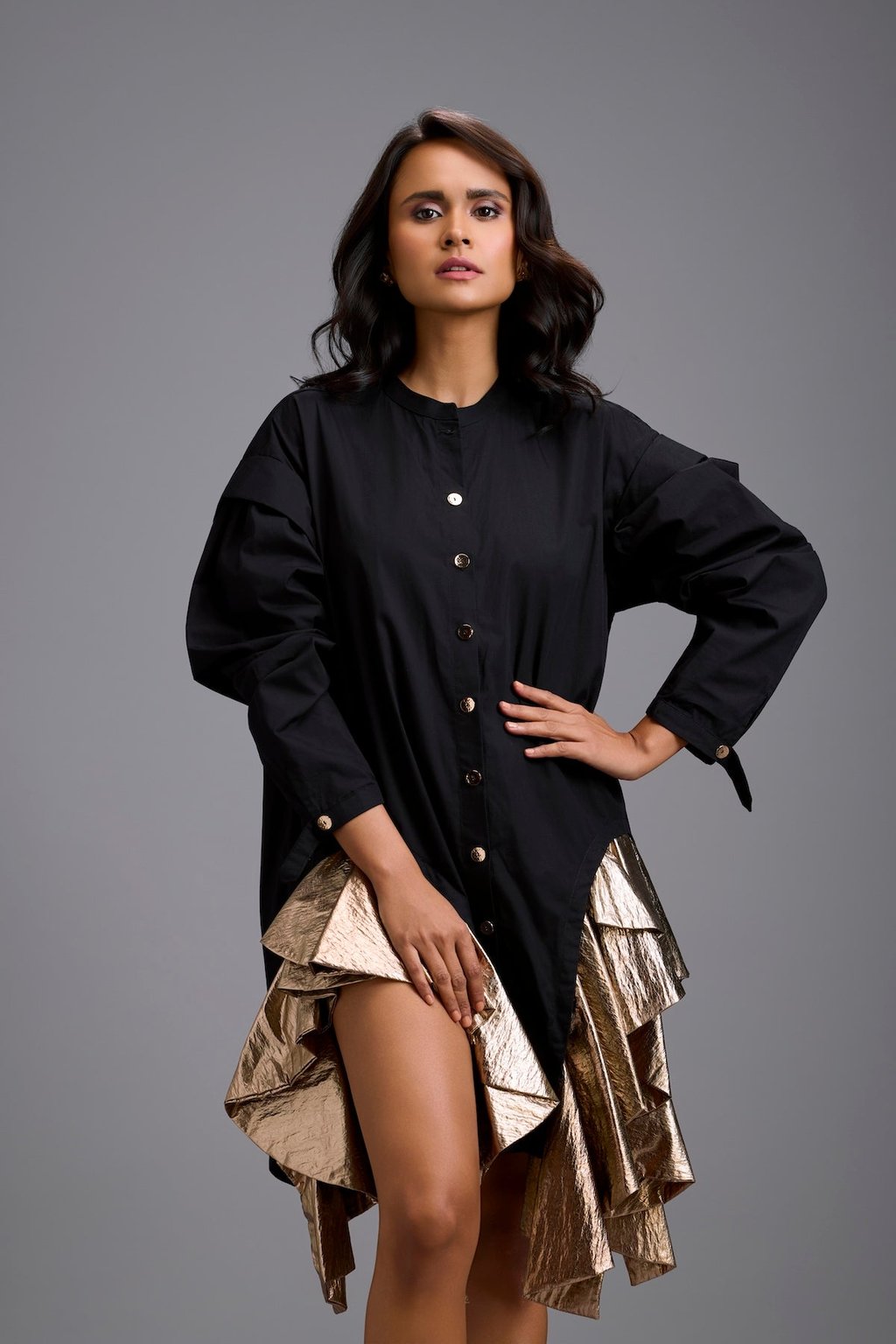 Black Mini Dress with Gold Ruffles