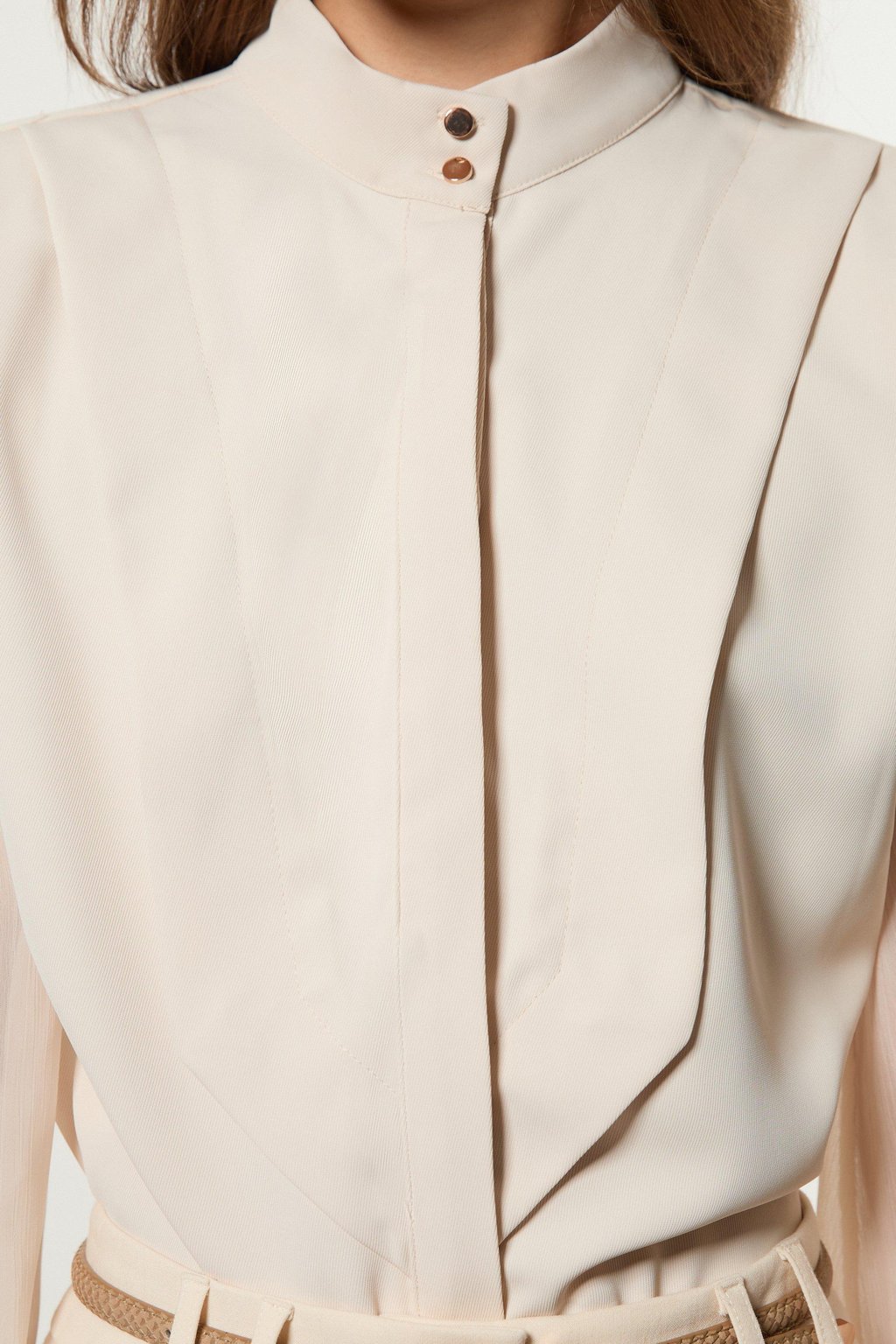 Crinkle Balloon Sleeve High Neck Woven Shirt