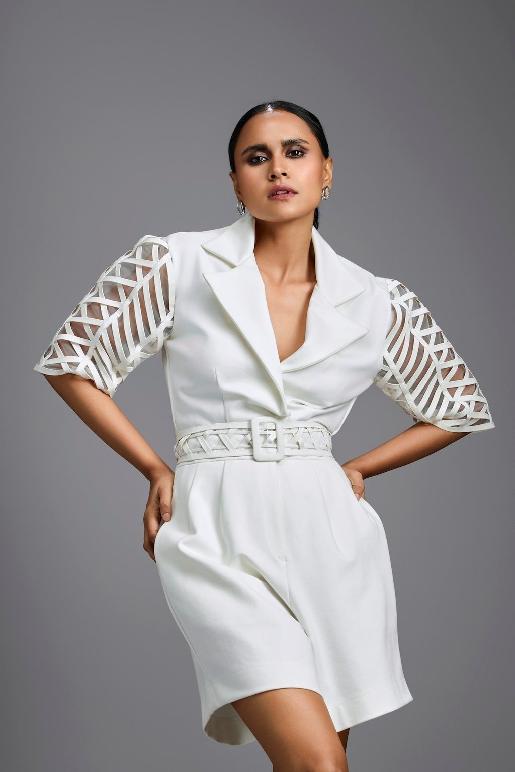 Playsuit with Woven Belt & Mesh Sleeves