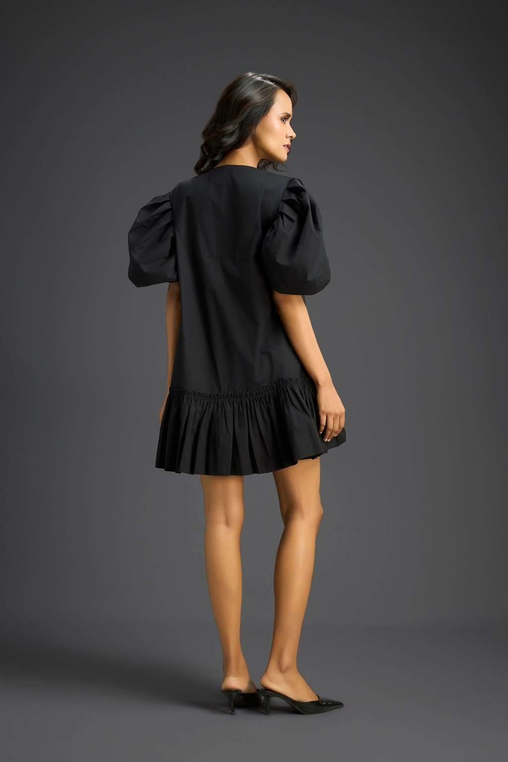 Black Ruffle Hem Floral Embroidered Dress