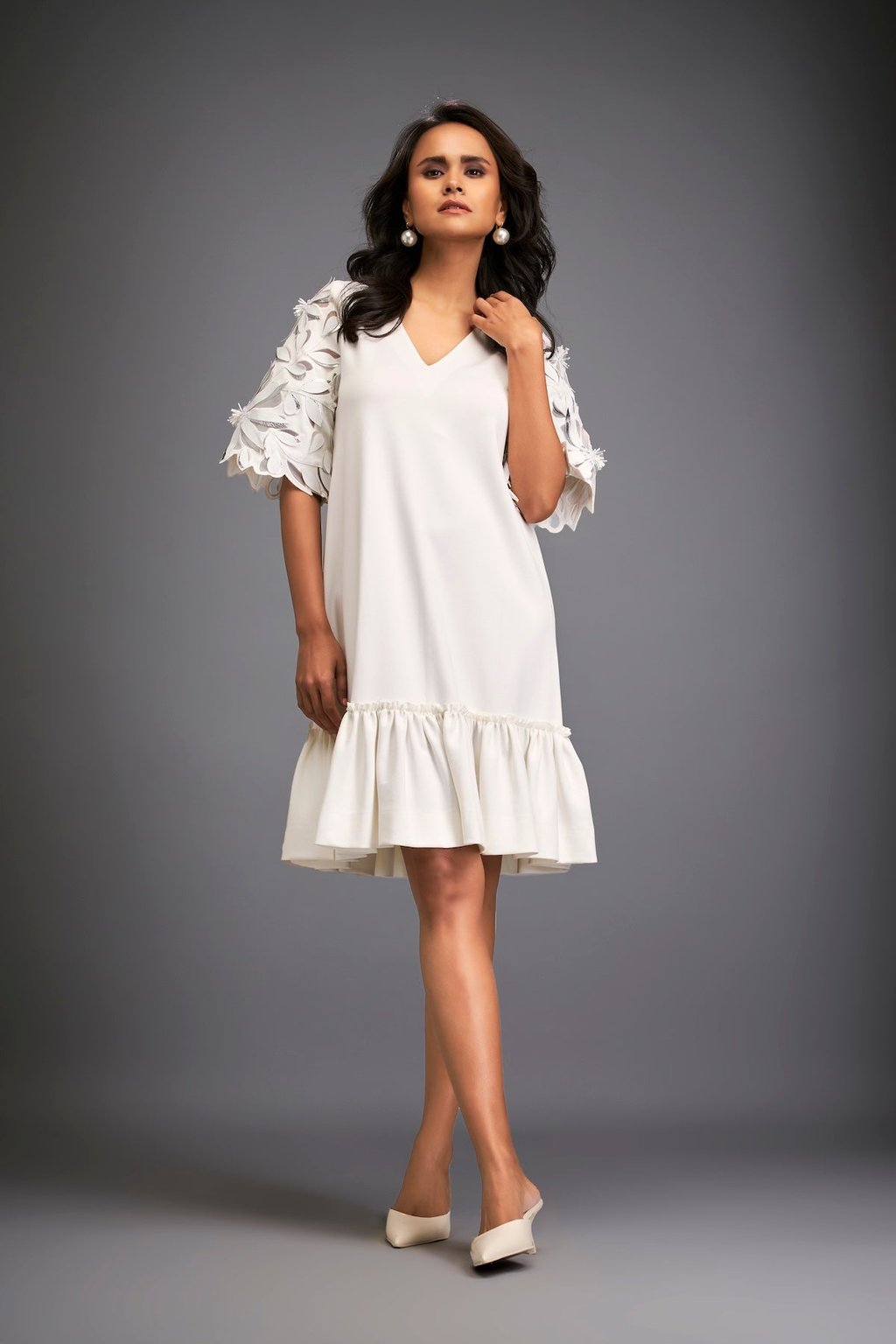 V-Neck Dress With Leaf-Patterned Sleeves