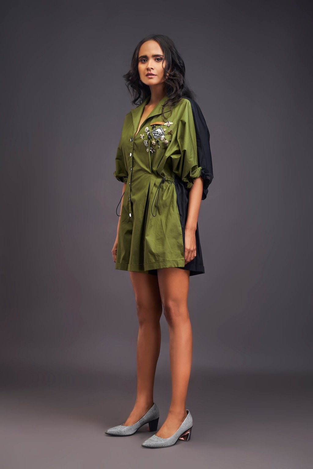 Lapel Collared Pleated Playsuit Green Black
